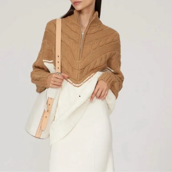 STAUD HAMPTON SWEATER XS Tan and White Cable Knit Sweater - Picture 1 of 4